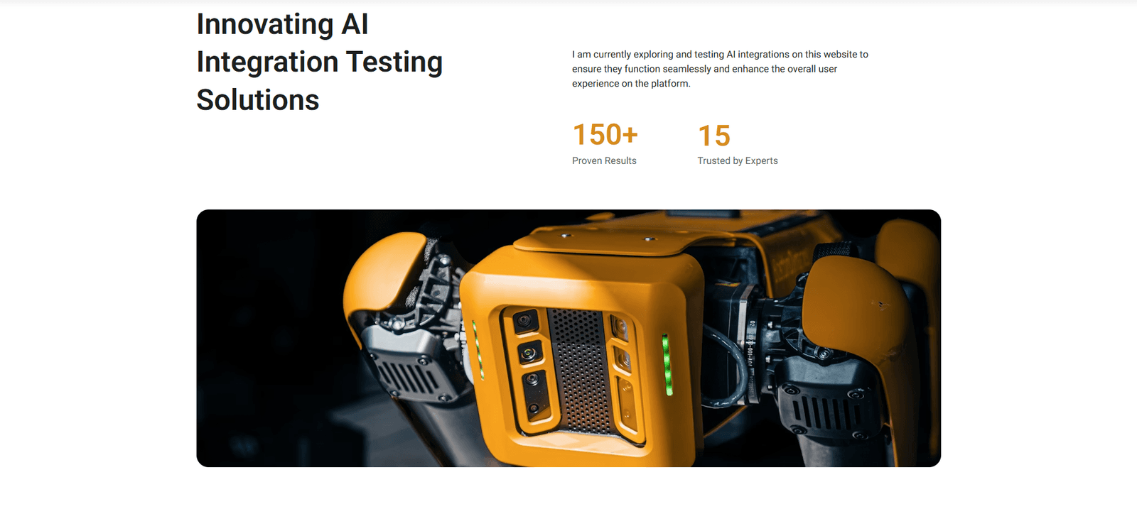 AI integration-testing concept page with introductory copy and industrial robot photograph