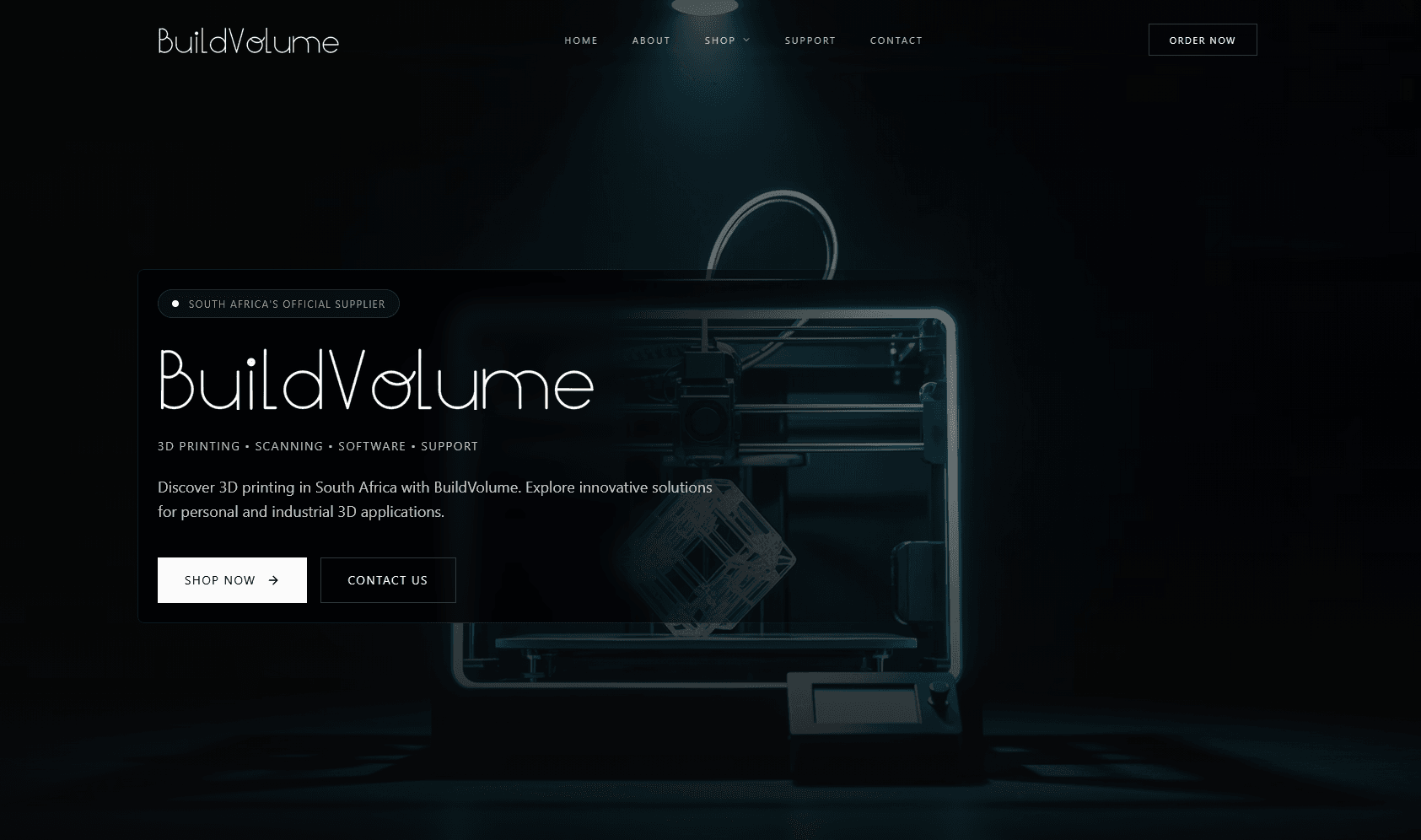 BuildVolume homepage with a 3D printer photograph and shop and contact actions