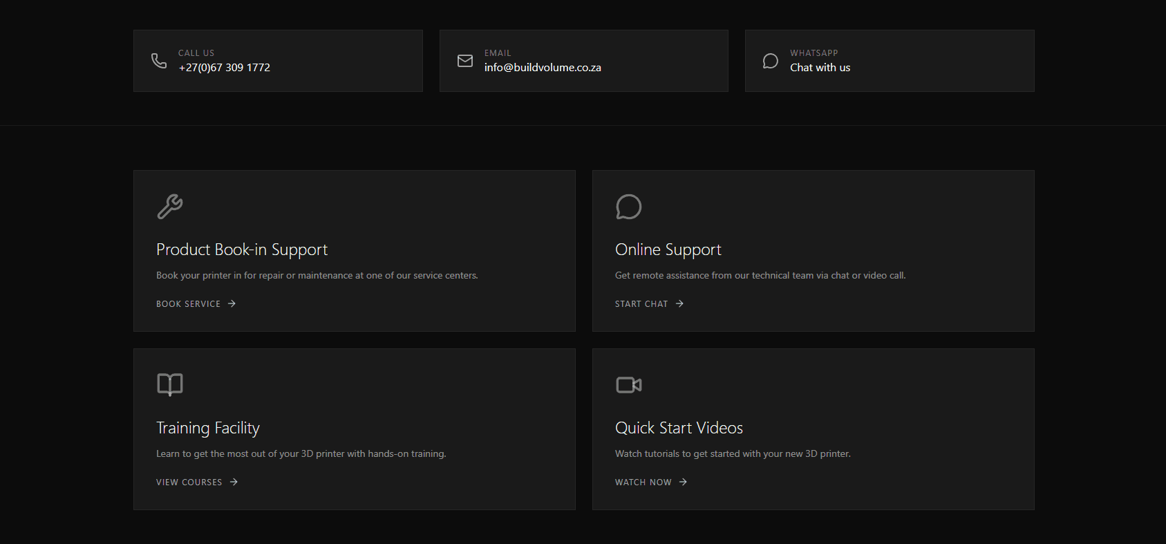 BuildVolume customer-support section with contact options, training and quick-start resources