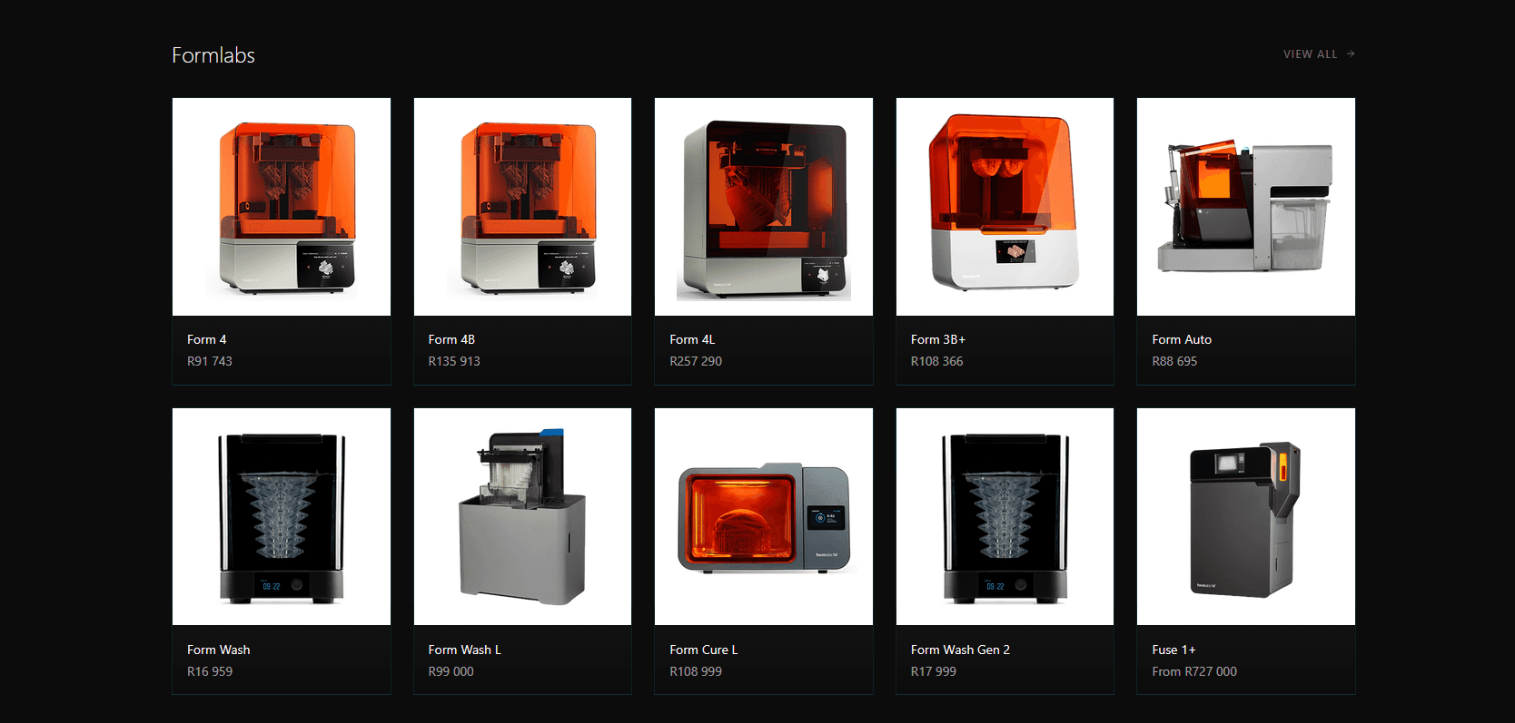 BuildVolume Formlabs product grid with printer photographs, model names and rand prices
