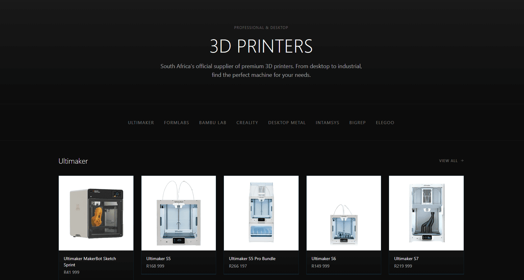 BuildVolume 3D-printer catalogue with brand navigation and Ultimaker product cards