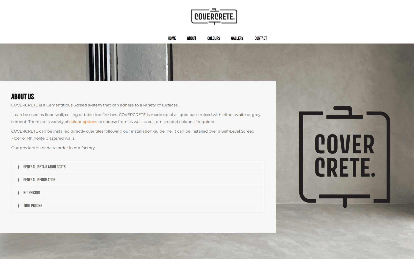 Covercrete about section with service information and expandable product topics