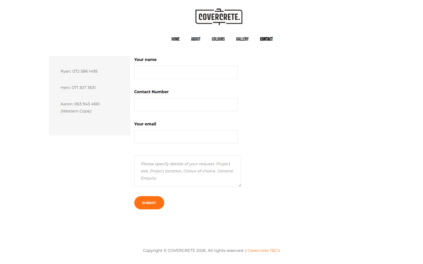 Covercrete enquiry form requesting a name, contact number, email and project message