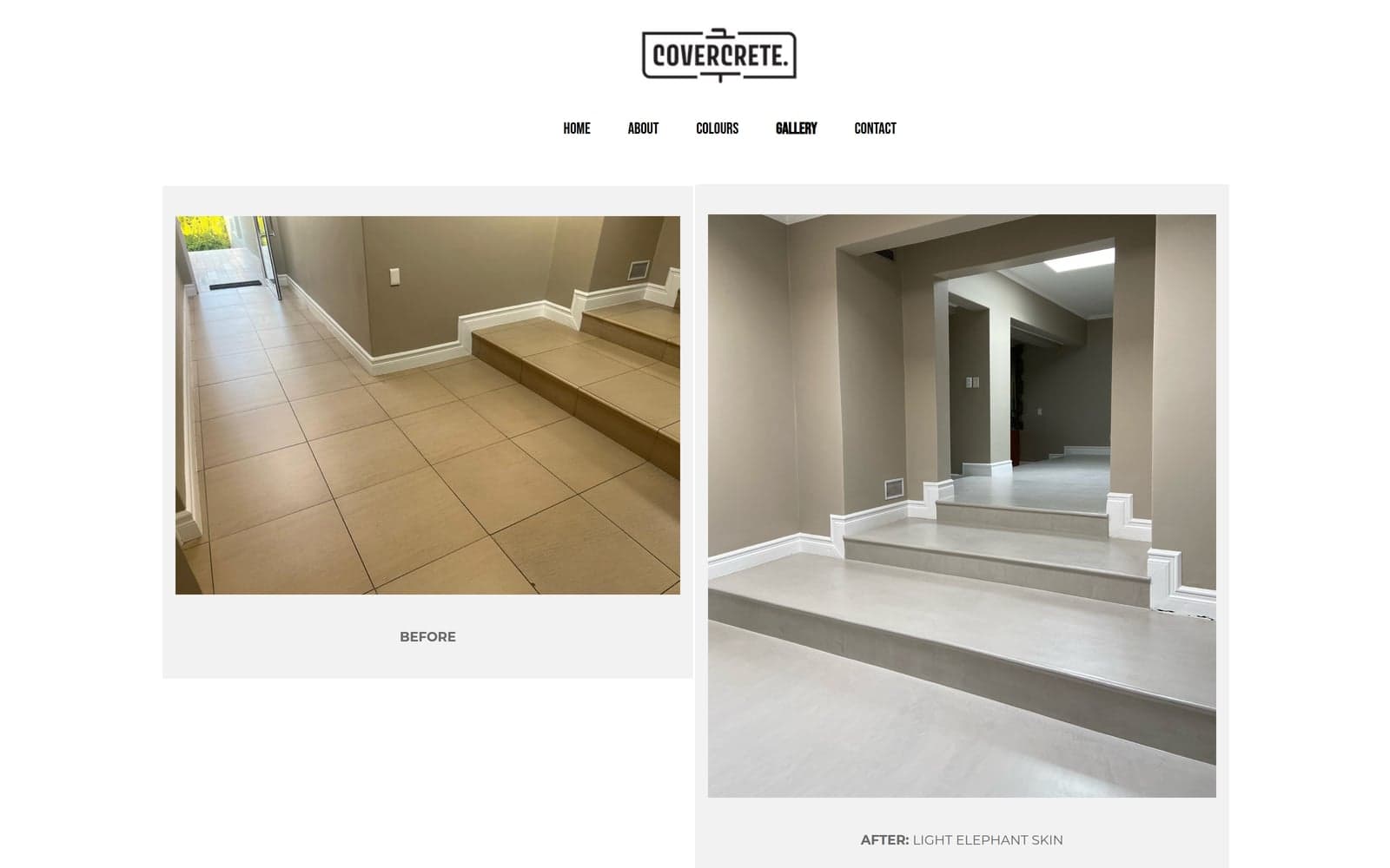 Covercrete project gallery comparing floor and stair finishes before and after treatment