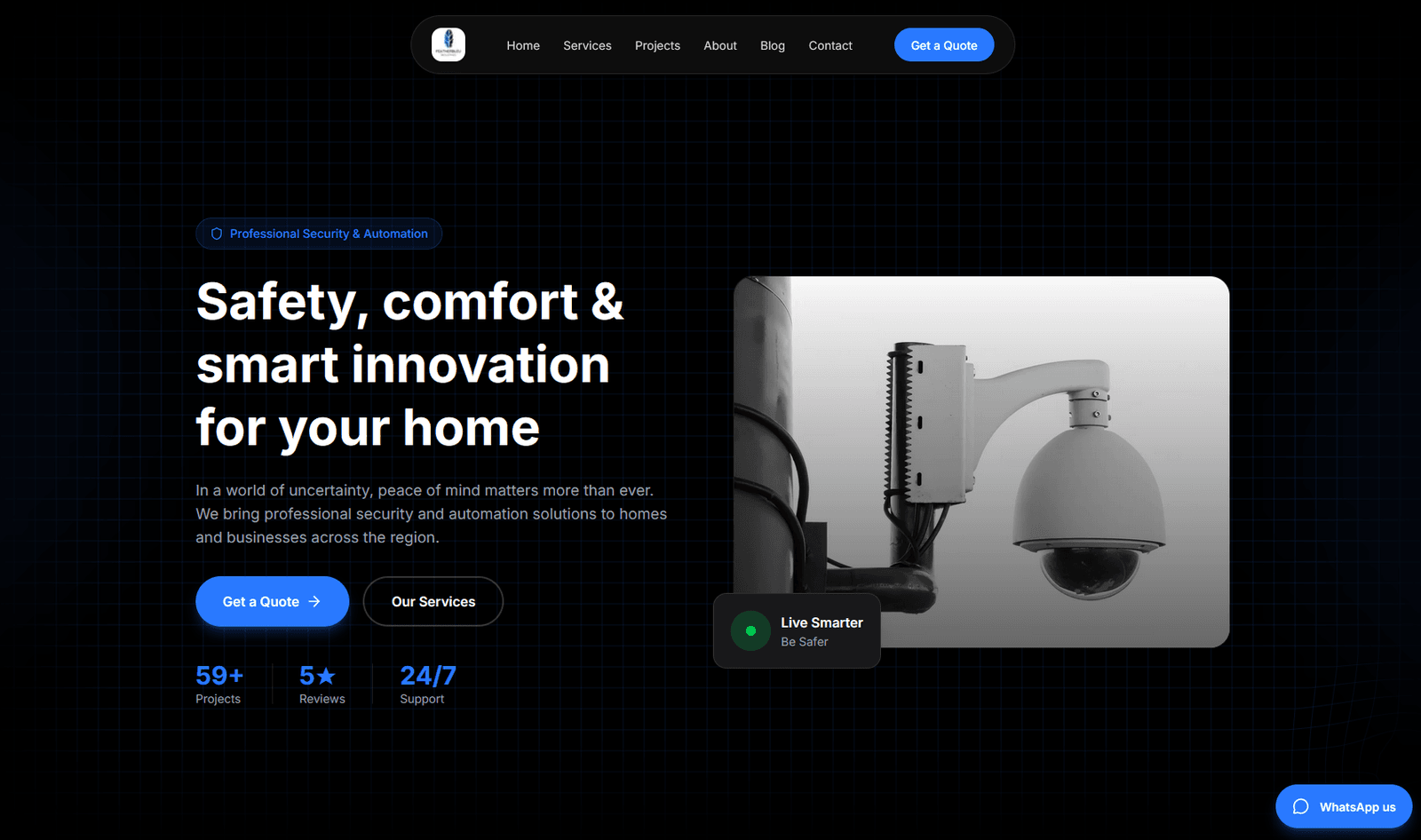 Featherbleu alternate homepage design with security-camera imagery and quote and service actions