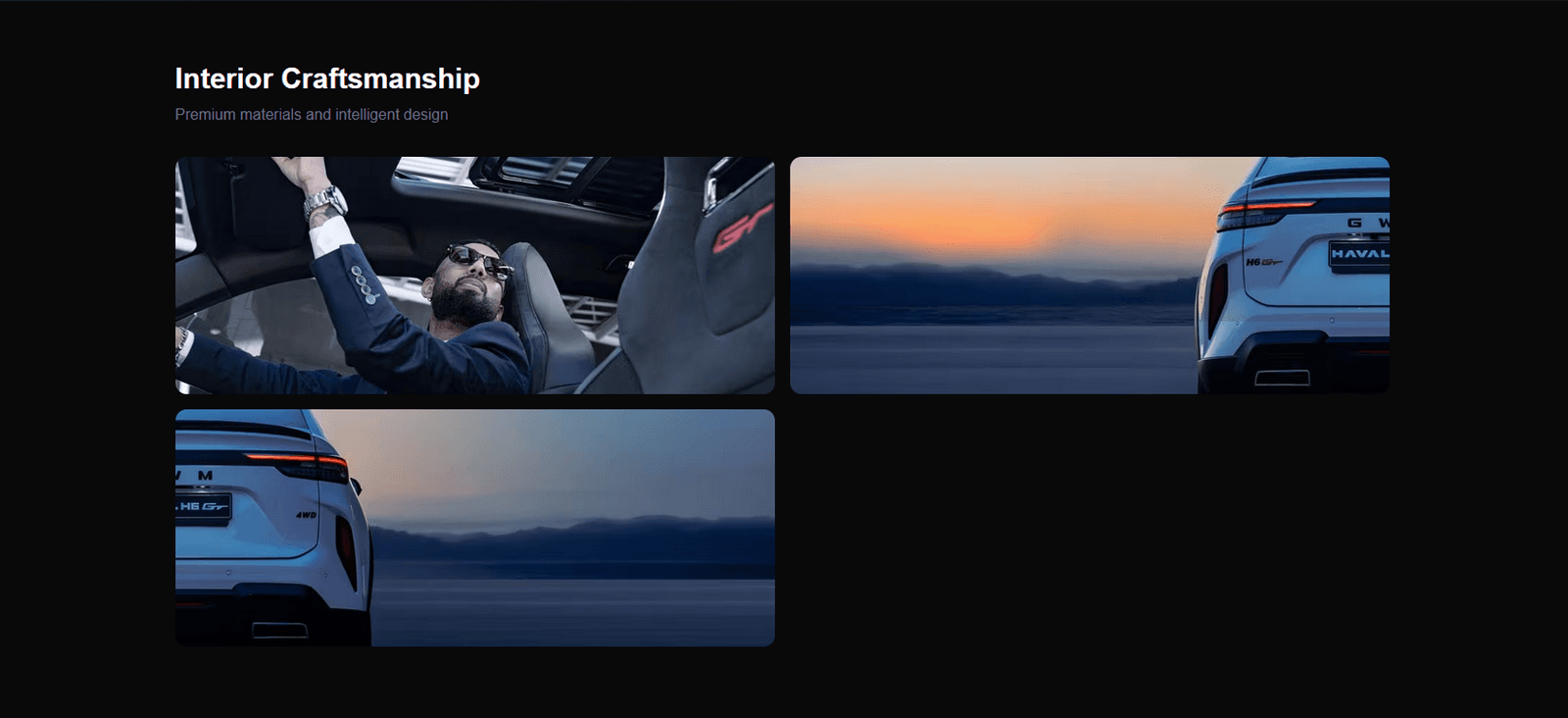 Haval vehicle-detail section with interior craftsmanship and exterior photographs