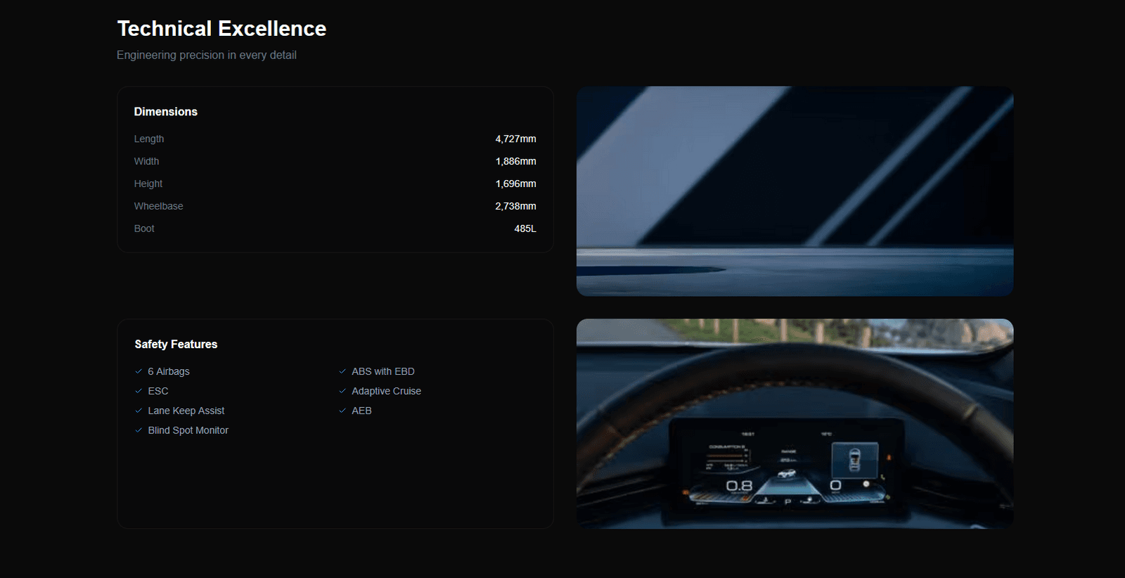 Haval technical specification table and safety-feature section beside vehicle-detail photographs