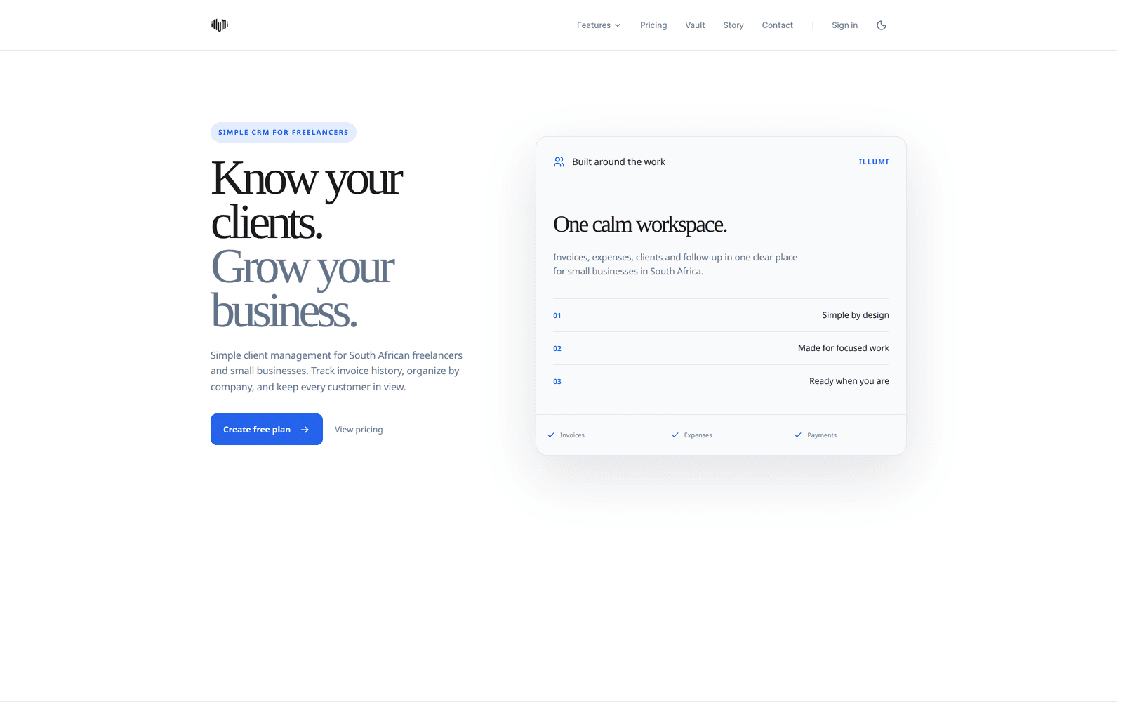 Illumi client-management feature page introducing a shared client workspace