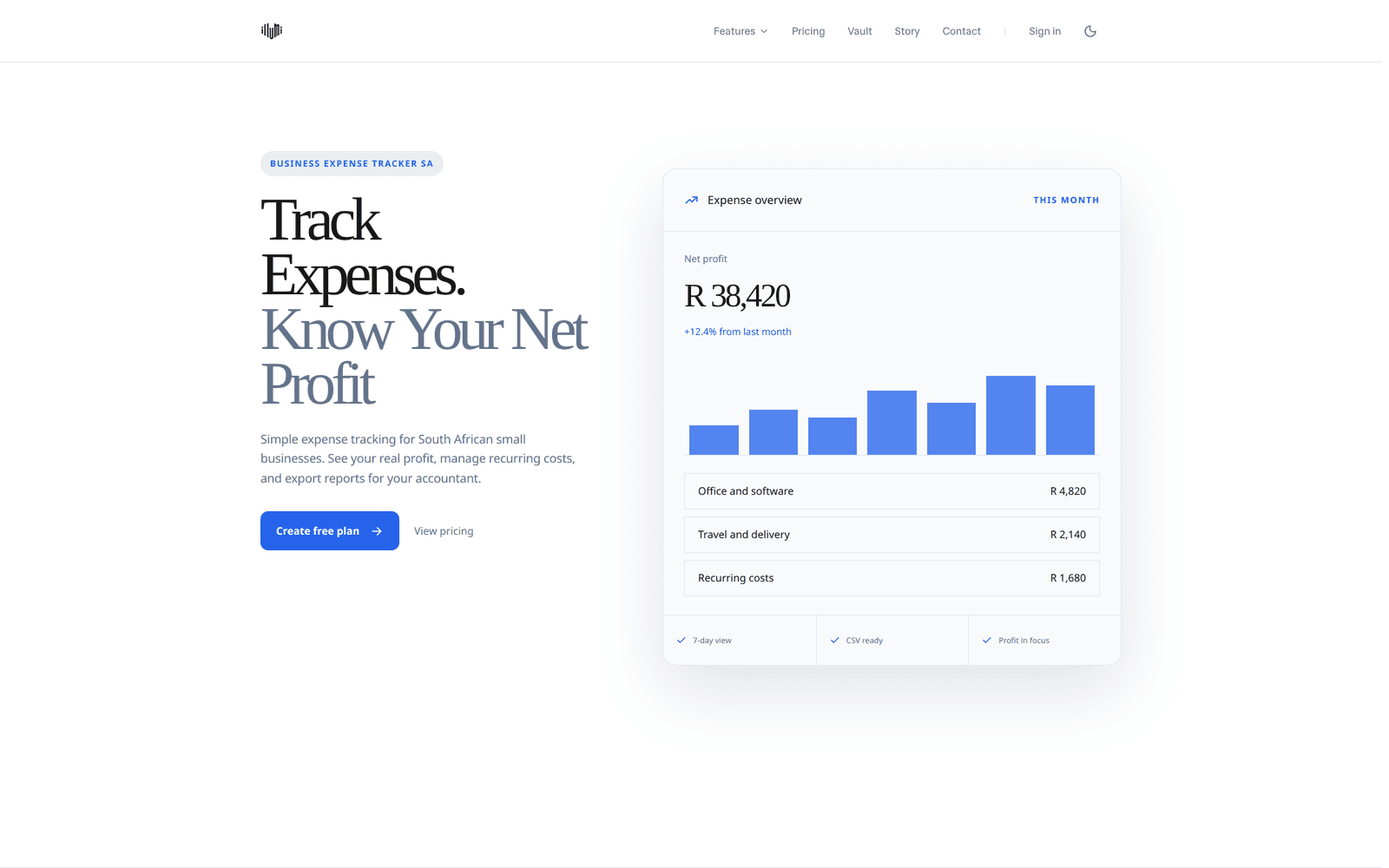 Illumi expense-tracking feature page with monthly bars and expense categories