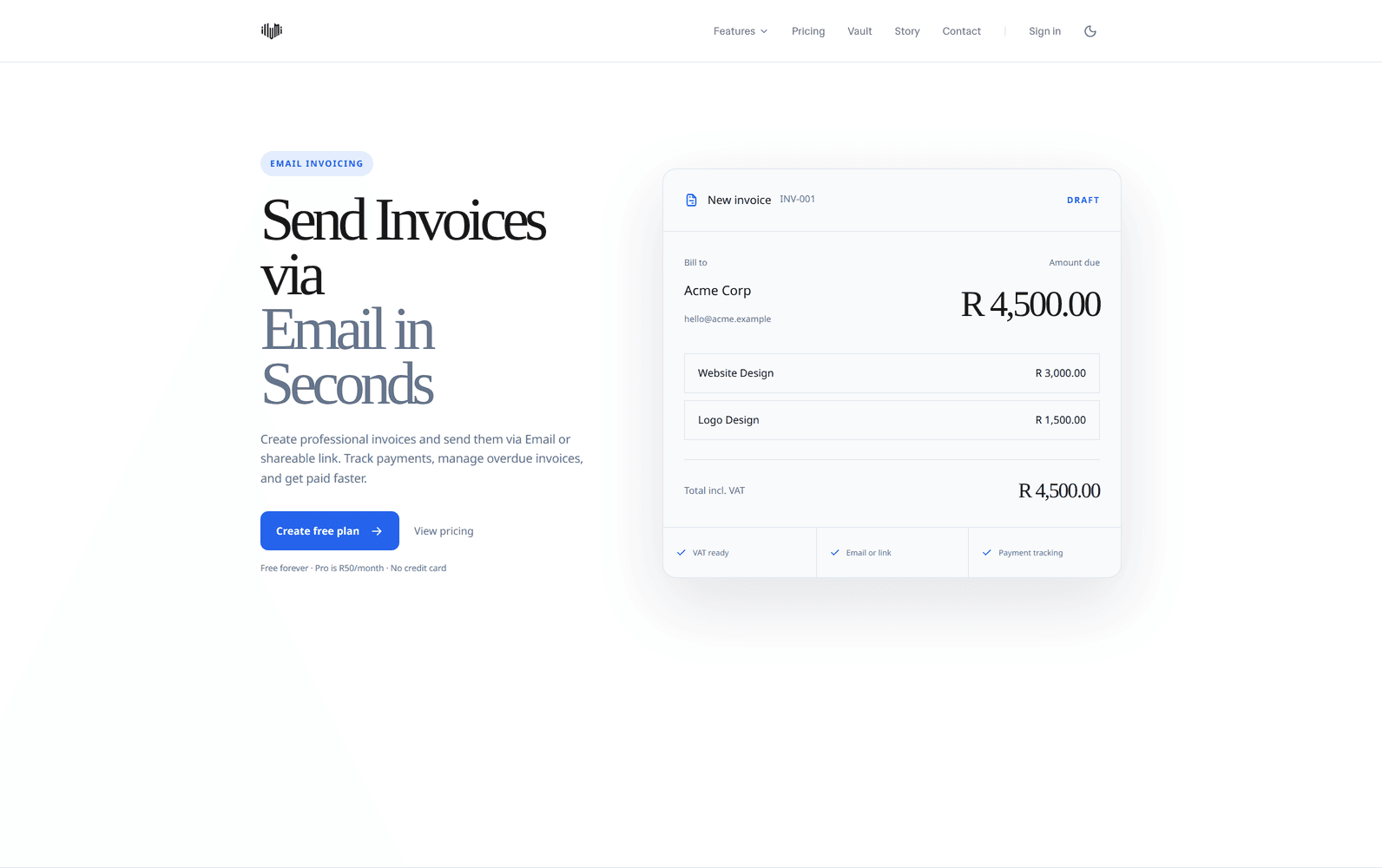 Illumi email-invoicing feature page with an itemised invoice preview