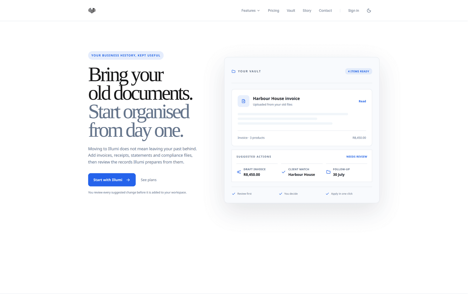 Illumi document-vault feature page showing an organised document and invoice workspace