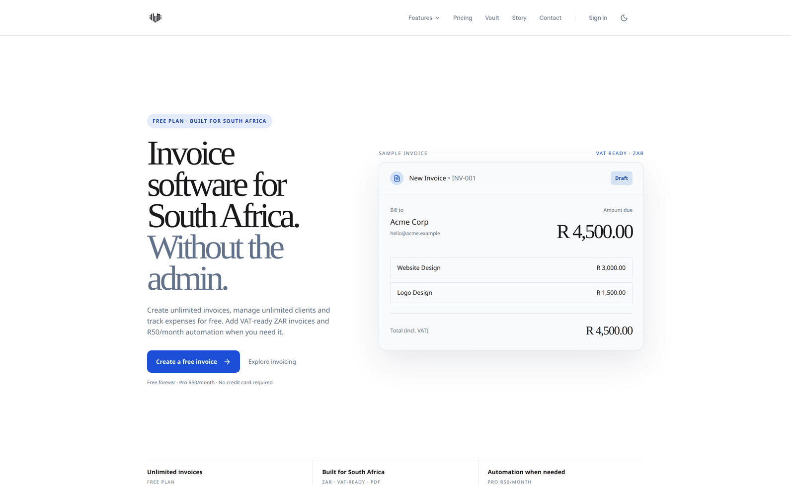 Illumi invoicing homepage with an example invoice and create-invoice action