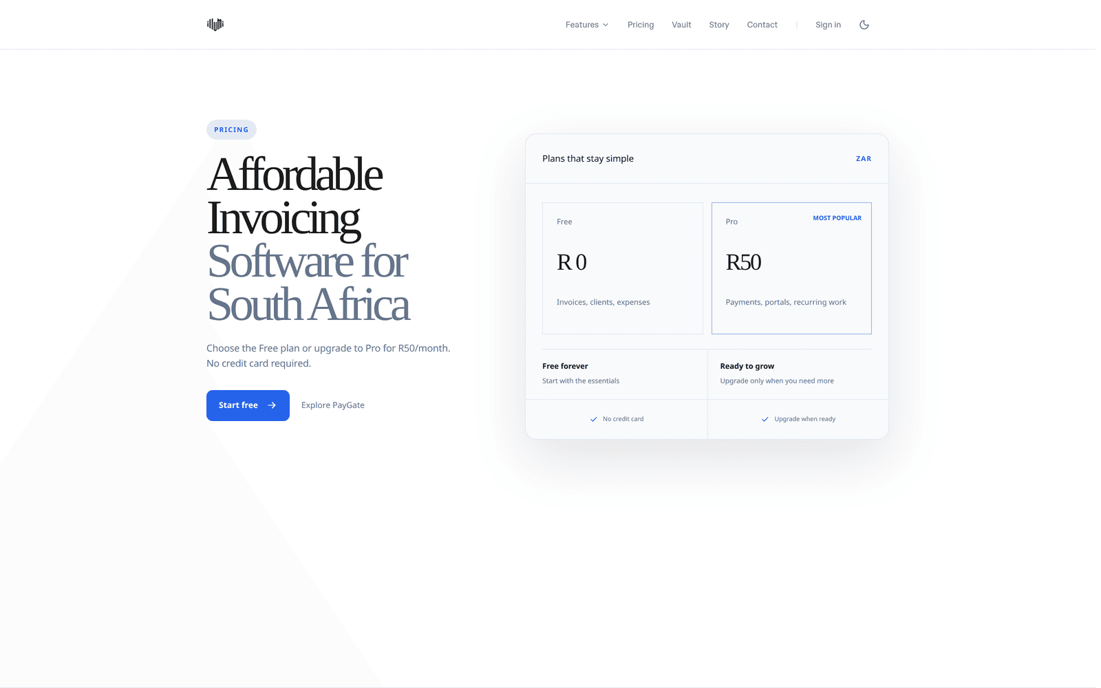 Illumi pricing page comparing free and paid invoicing plans