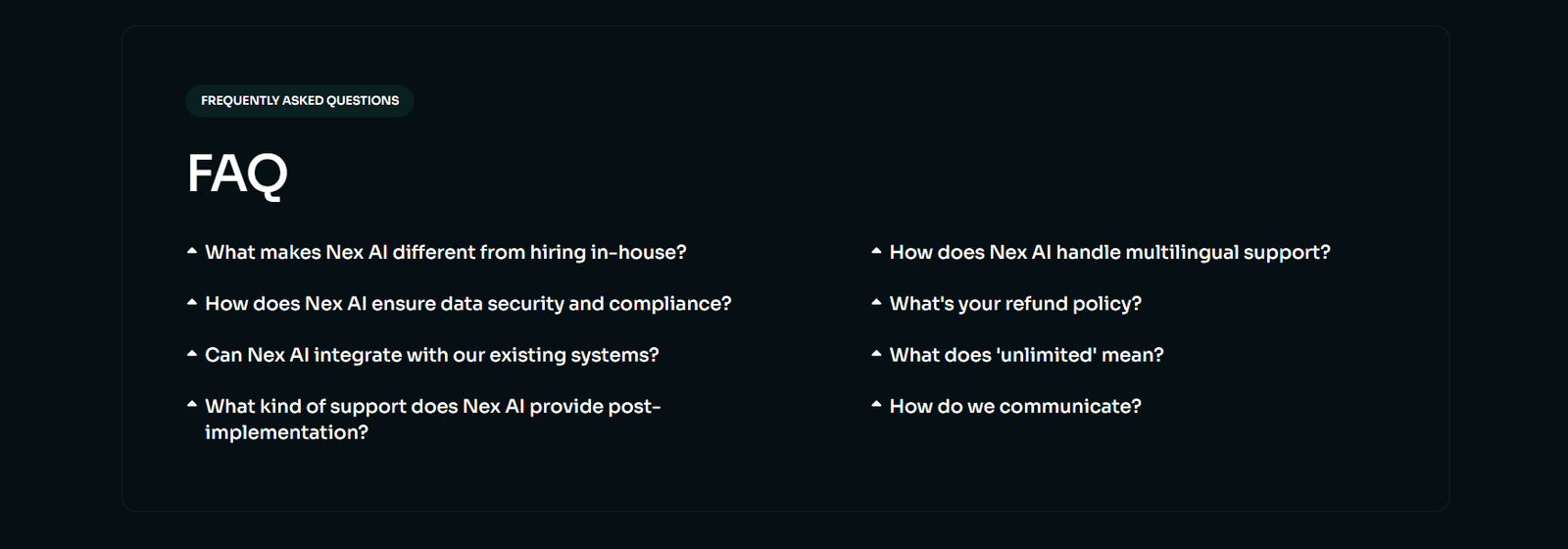 NexAI frequently asked questions section with expandable implementation and integration questions