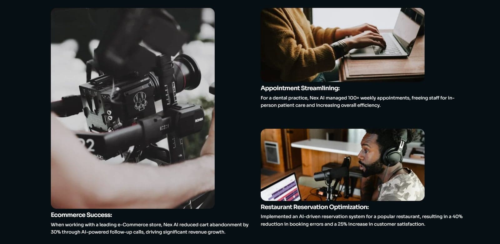 NexAI use-case cards illustrated with film production, laptop work and restaurant imagery