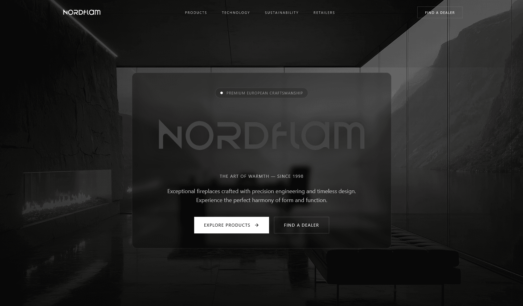 NORDflam homepage with a dark fireplace setting and product-discovery actions