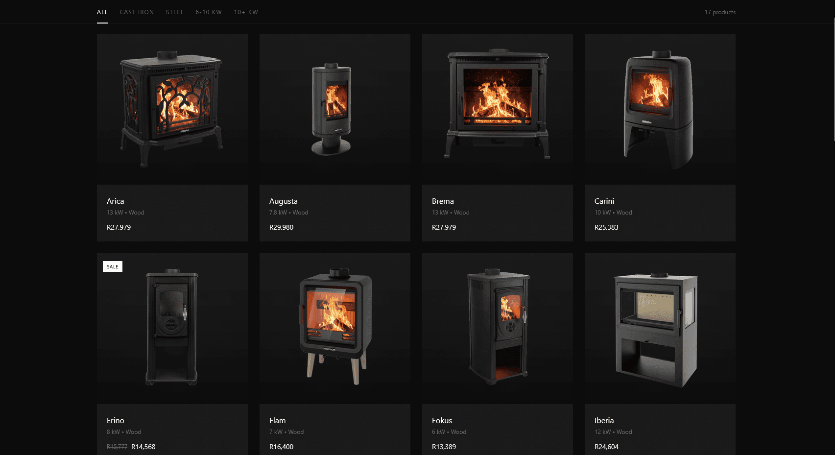 NORDflam product catalogue with fireplace photographs, model names and prices