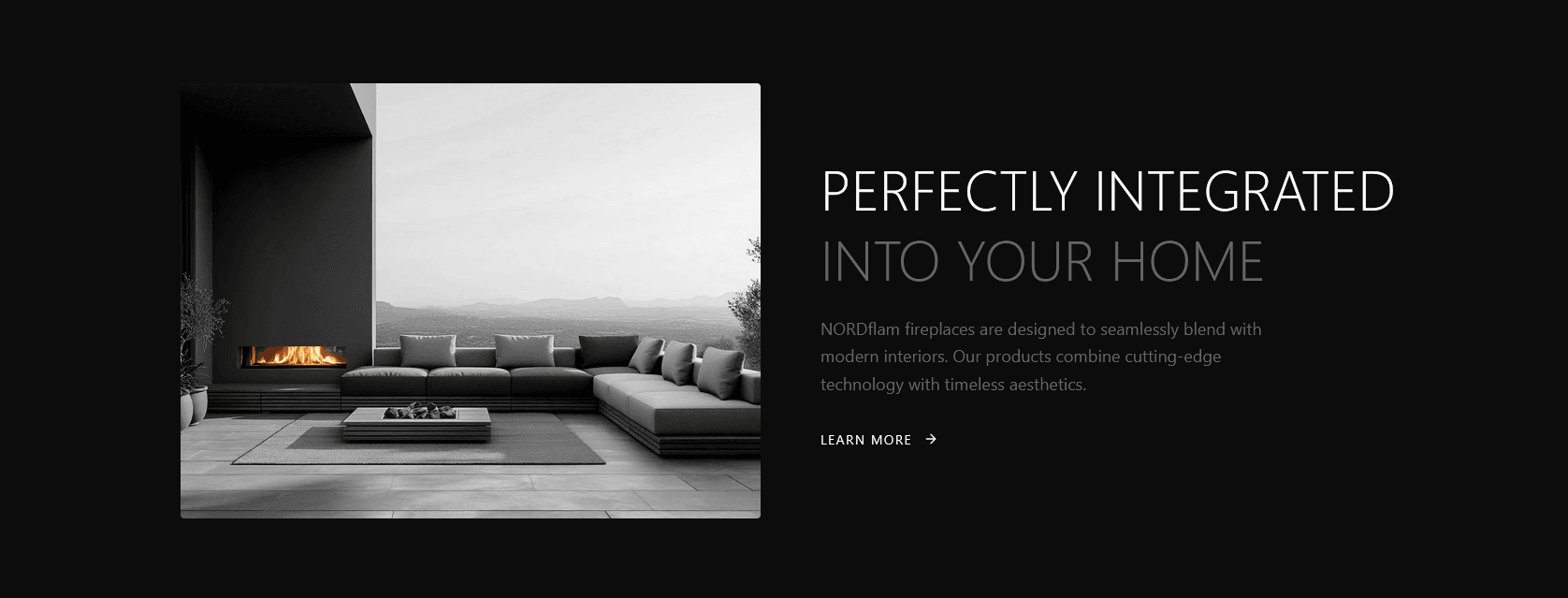 NORDflam fireplace presentation with a living-room photograph and product information link