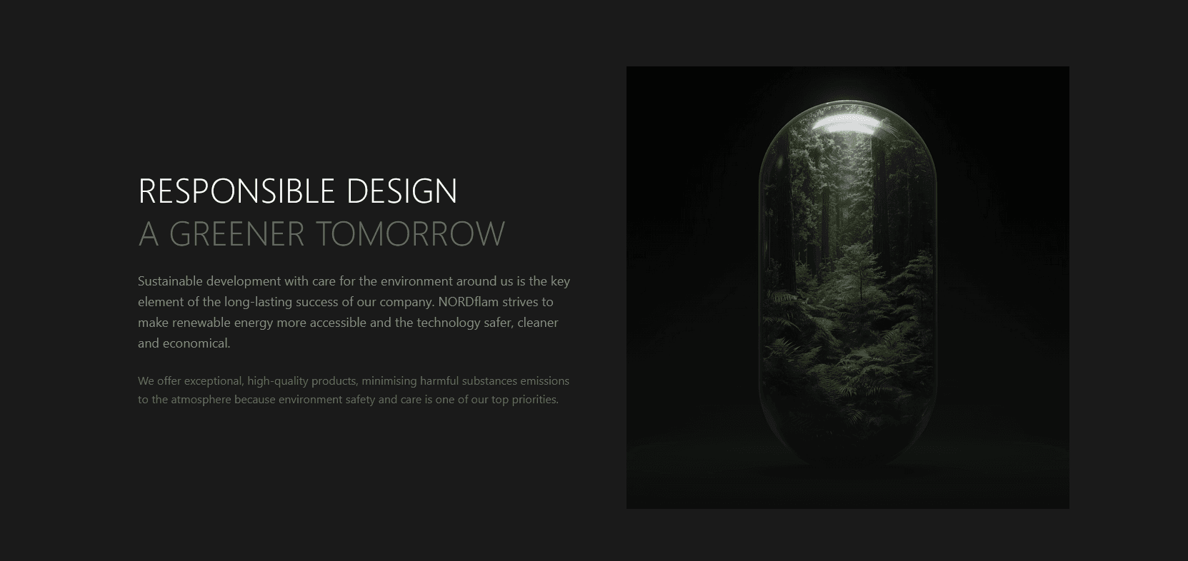 NORDflam responsible-design section with forest imagery and environmental design copy