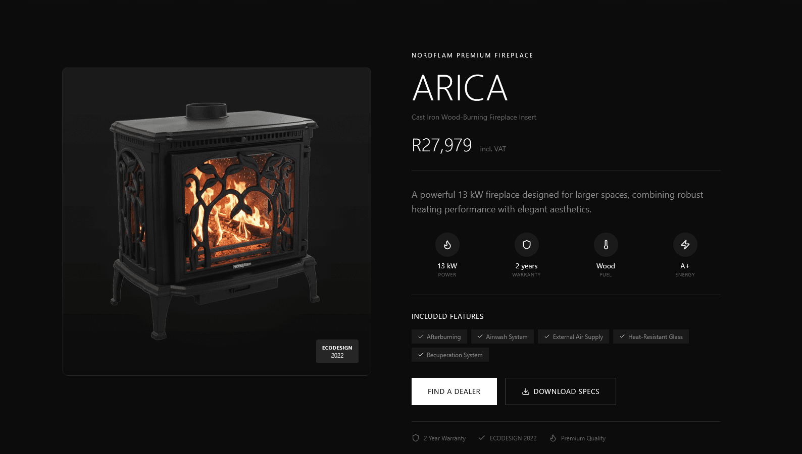 NORDflam Arica fireplace product detail with price, specifications and dealer action