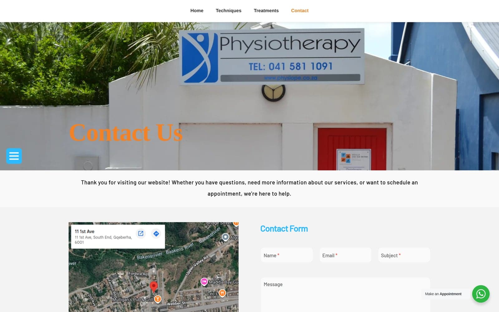Physiotherapy contact page with practice photograph, location map and enquiry form