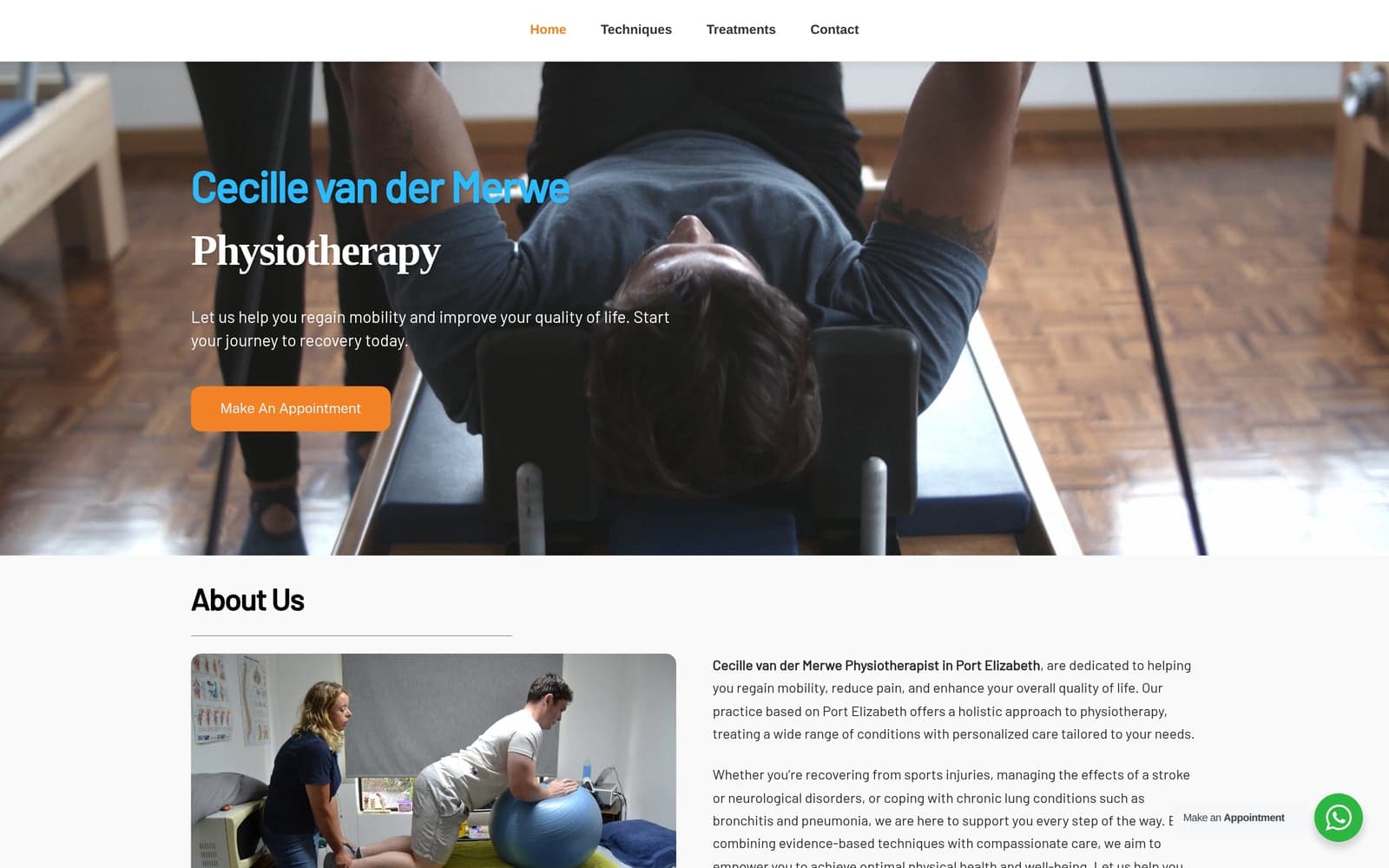 Cecile van der Merwe Physiotherapy homepage with rehabilitation photograph and appointment action