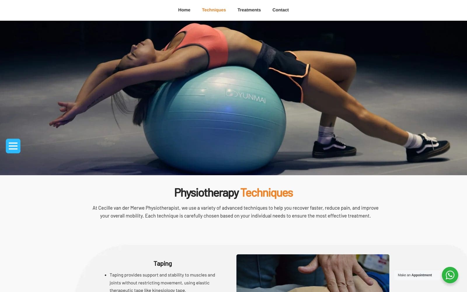 Physiotherapy techniques page with exercise-ball photograph and treatment-technique information