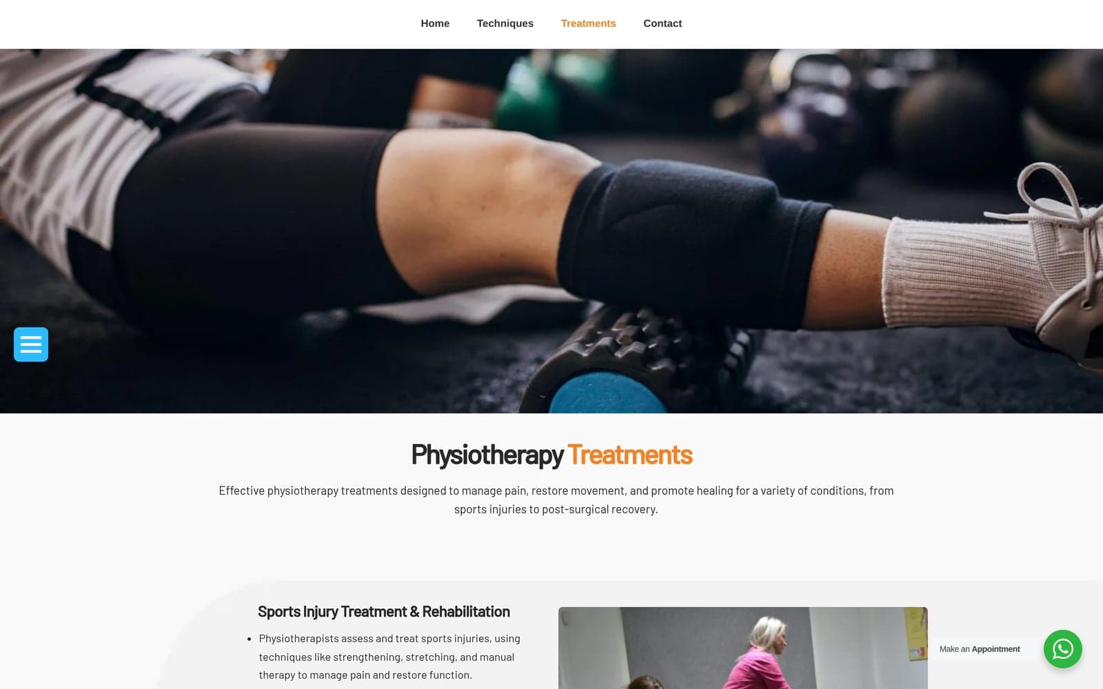 Physiotherapy treatments page introducing sports injury treatment and rehabilitation