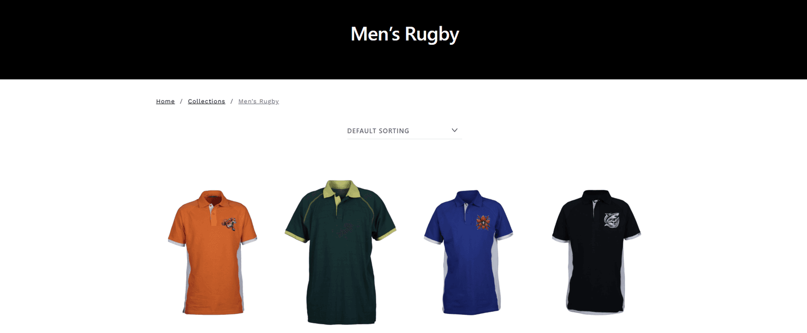 Team Colours men’s rugby product category with four coloured shirts and catalogue sorting