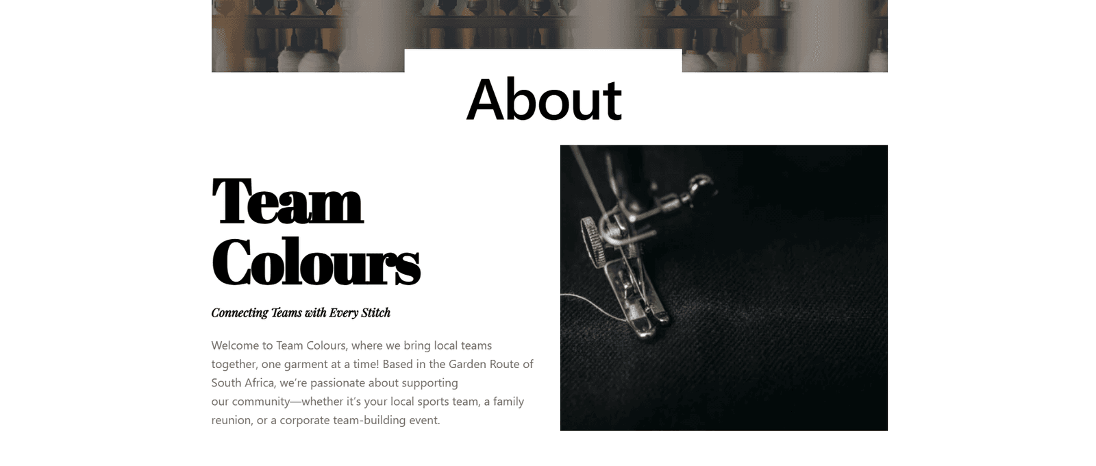 Team Colours about page with company introduction and monochrome product photography