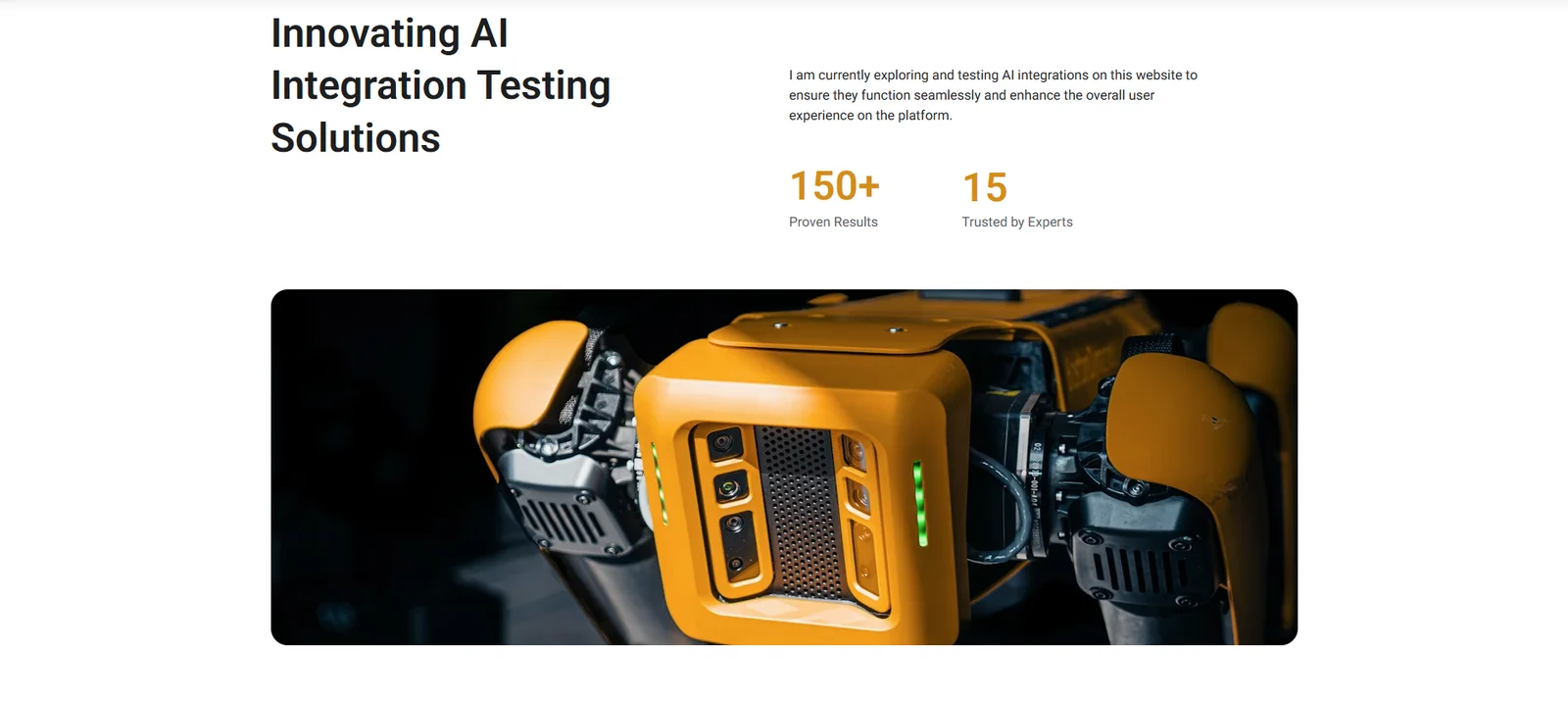 AI integration-testing concept page with introductory copy and industrial robot photograph