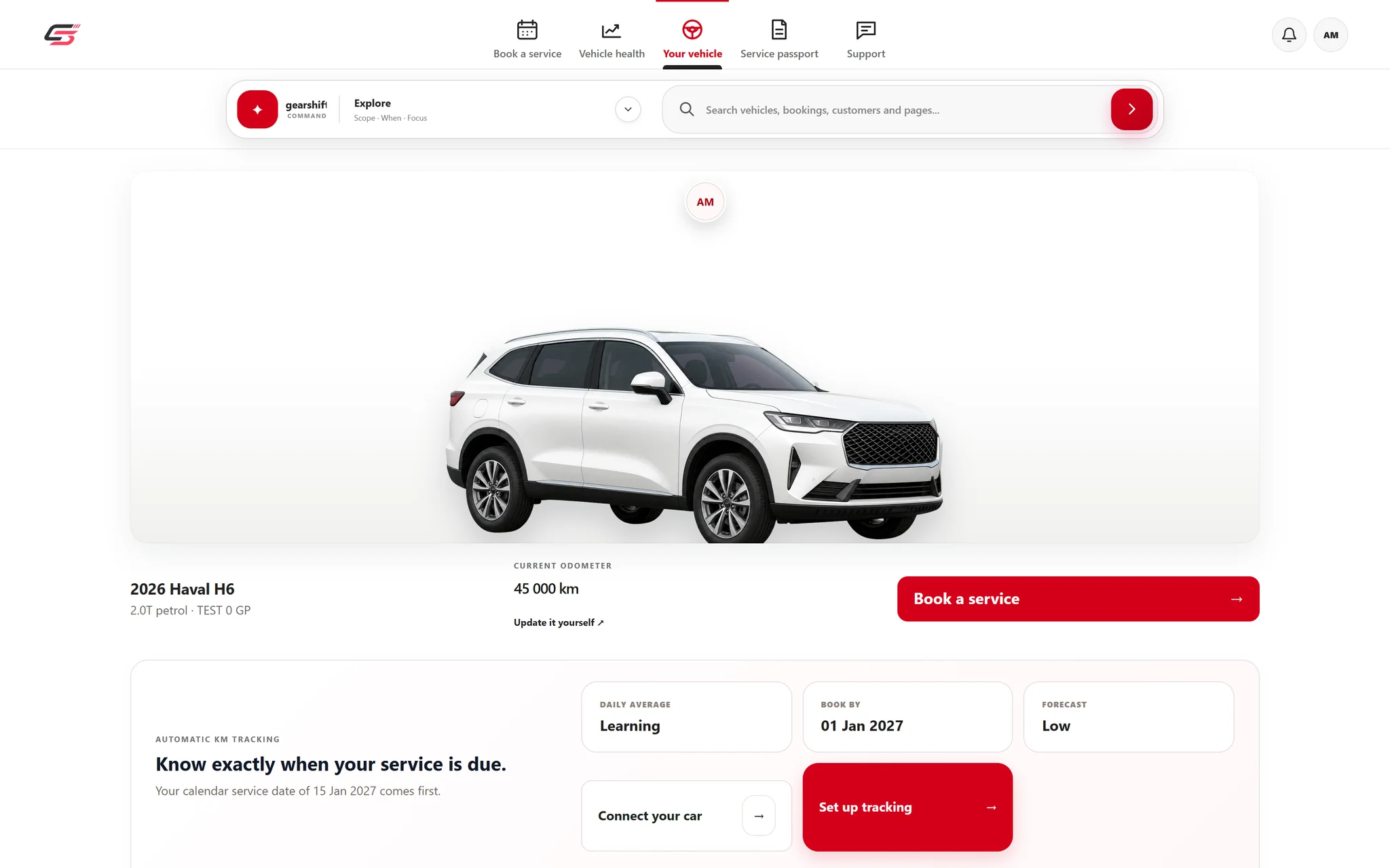 Local Gearshift driver workspace with a synthetic Haval vehicle, mileage and service schedule