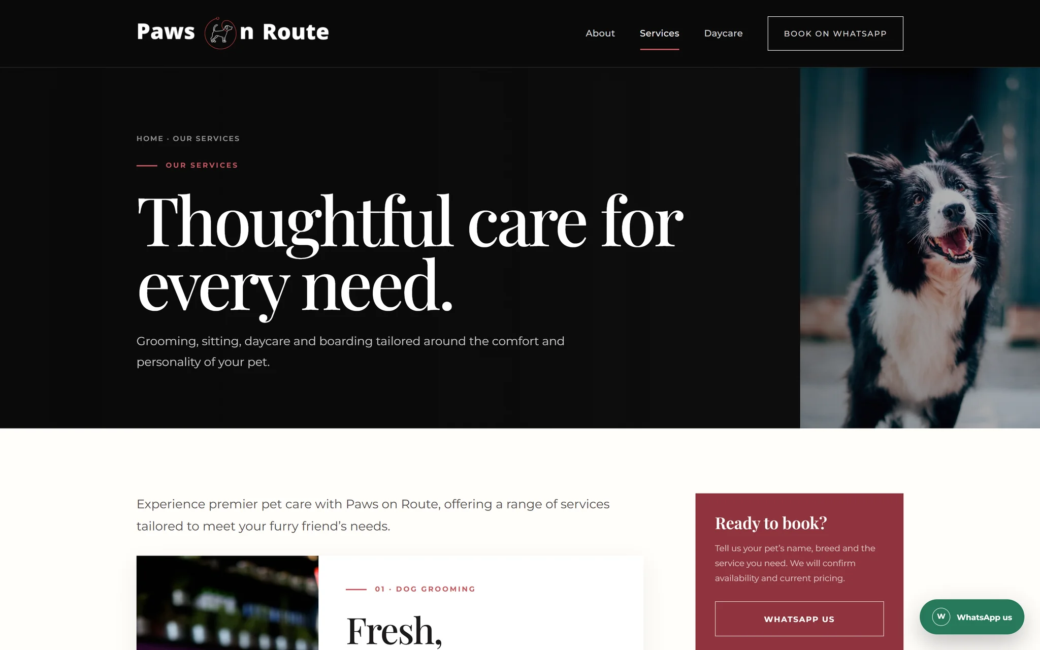 Live services page with grooming and pet-care information