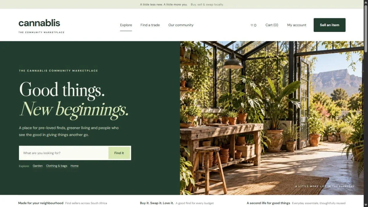 Cannablis marketplace recreation homepage with botanical imagery and marketplace search
