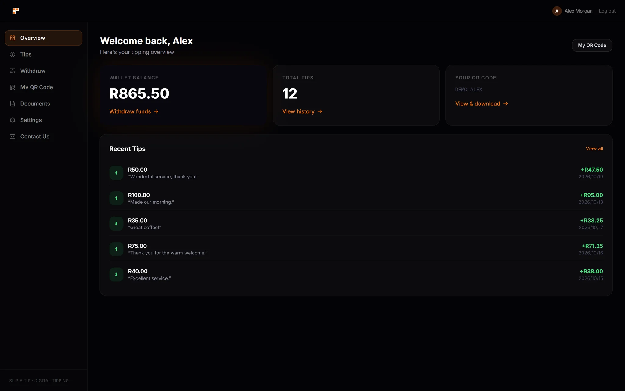 Local dashboard demonstration with synthetic tip transactions and wallet balance