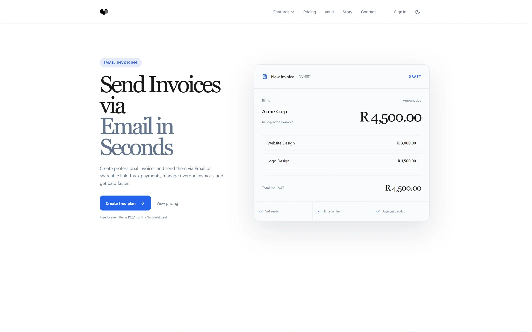 Live invoicing feature page with sample invoice preview