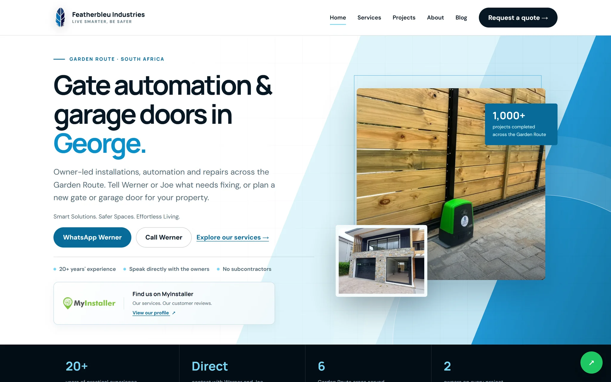 Live Featherbleu homepage with gate-automation photography and service introduction