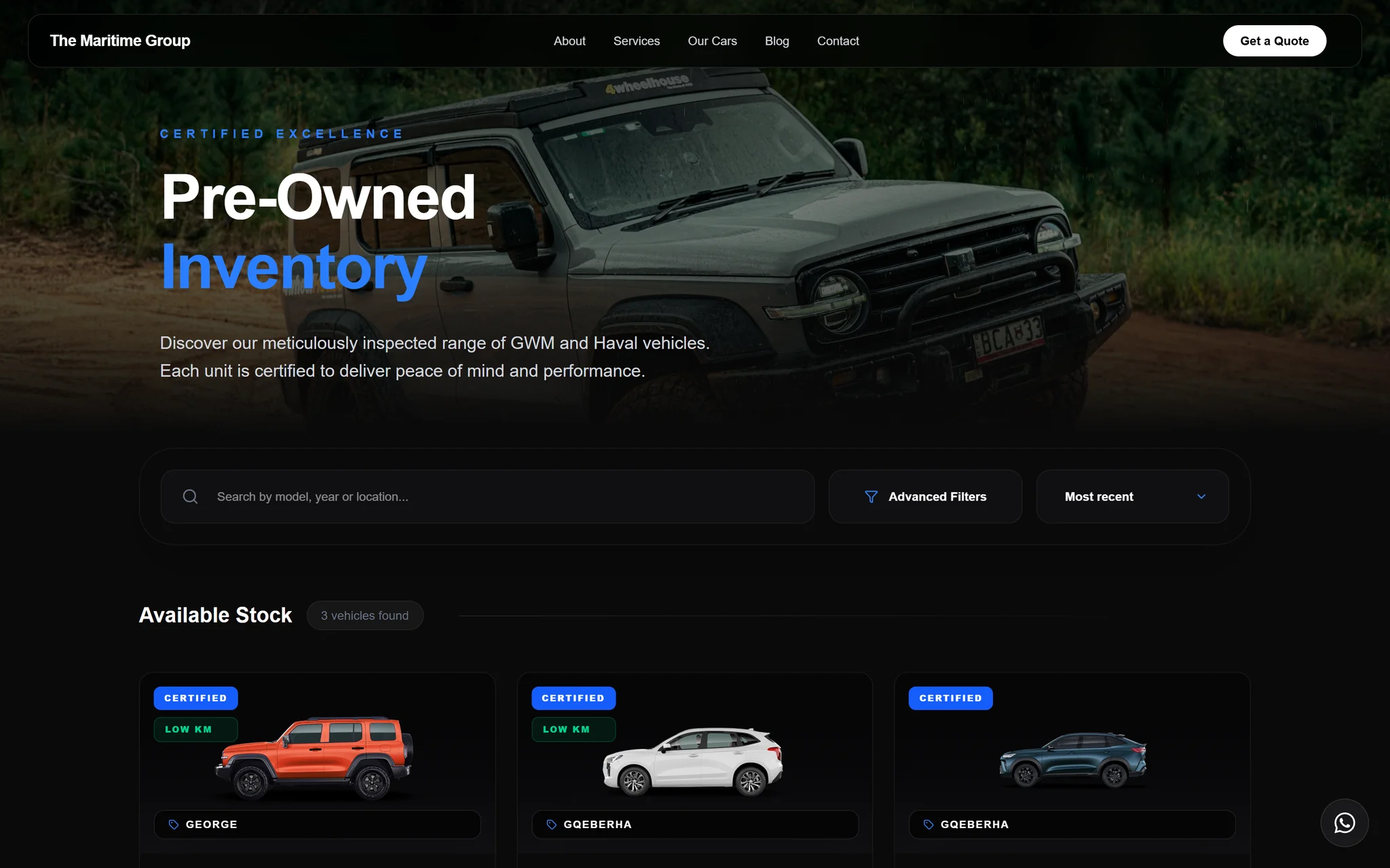 Live pre-owned vehicle catalogue with filters and vehicle cards