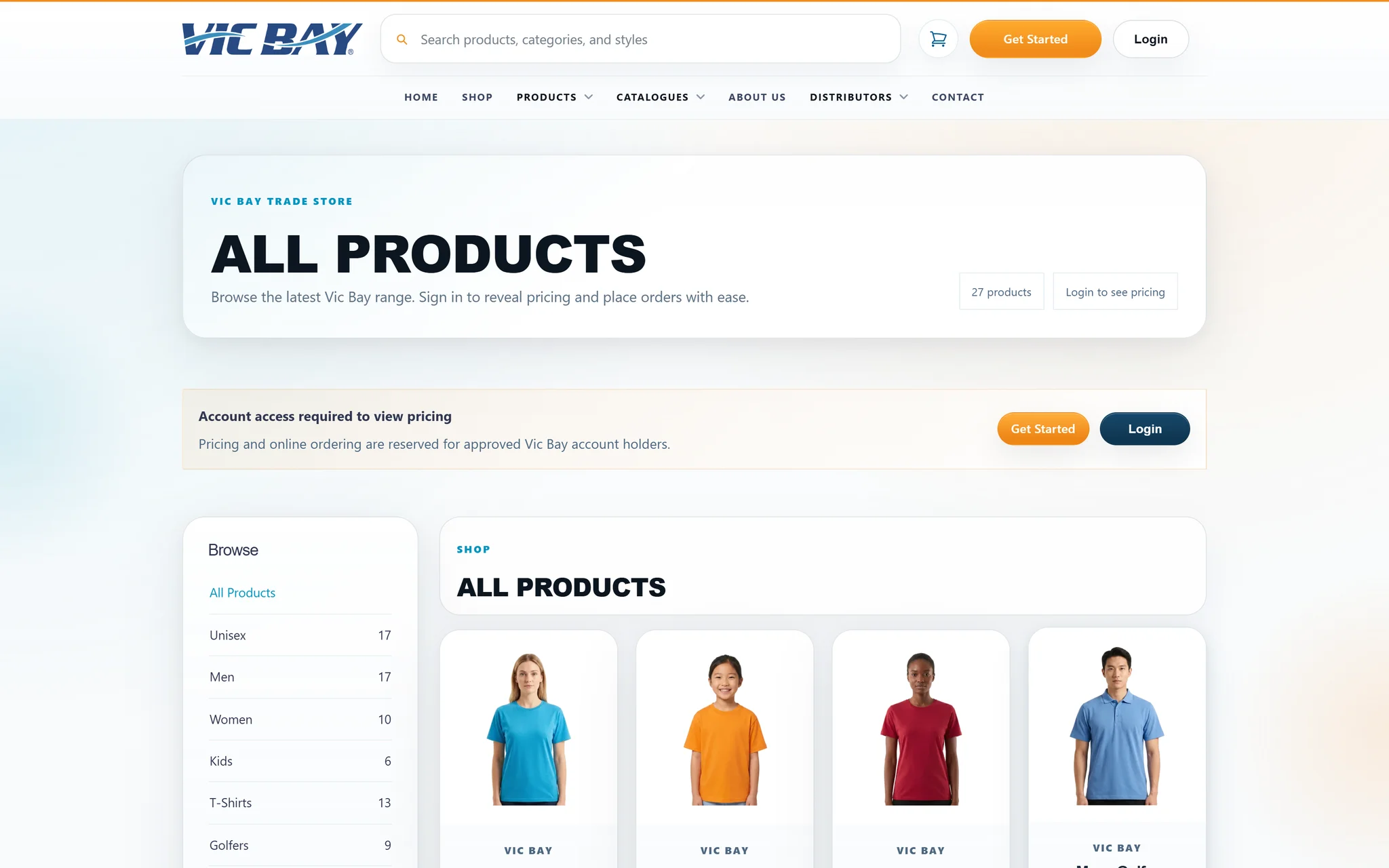 Live apparel catalogue with product categories and clothing cards