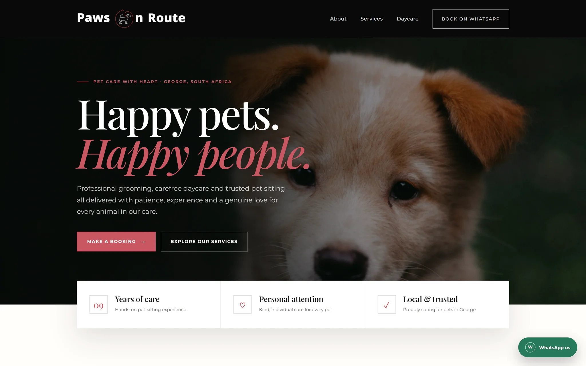 Live homepage with pet-care introduction and puppy photography