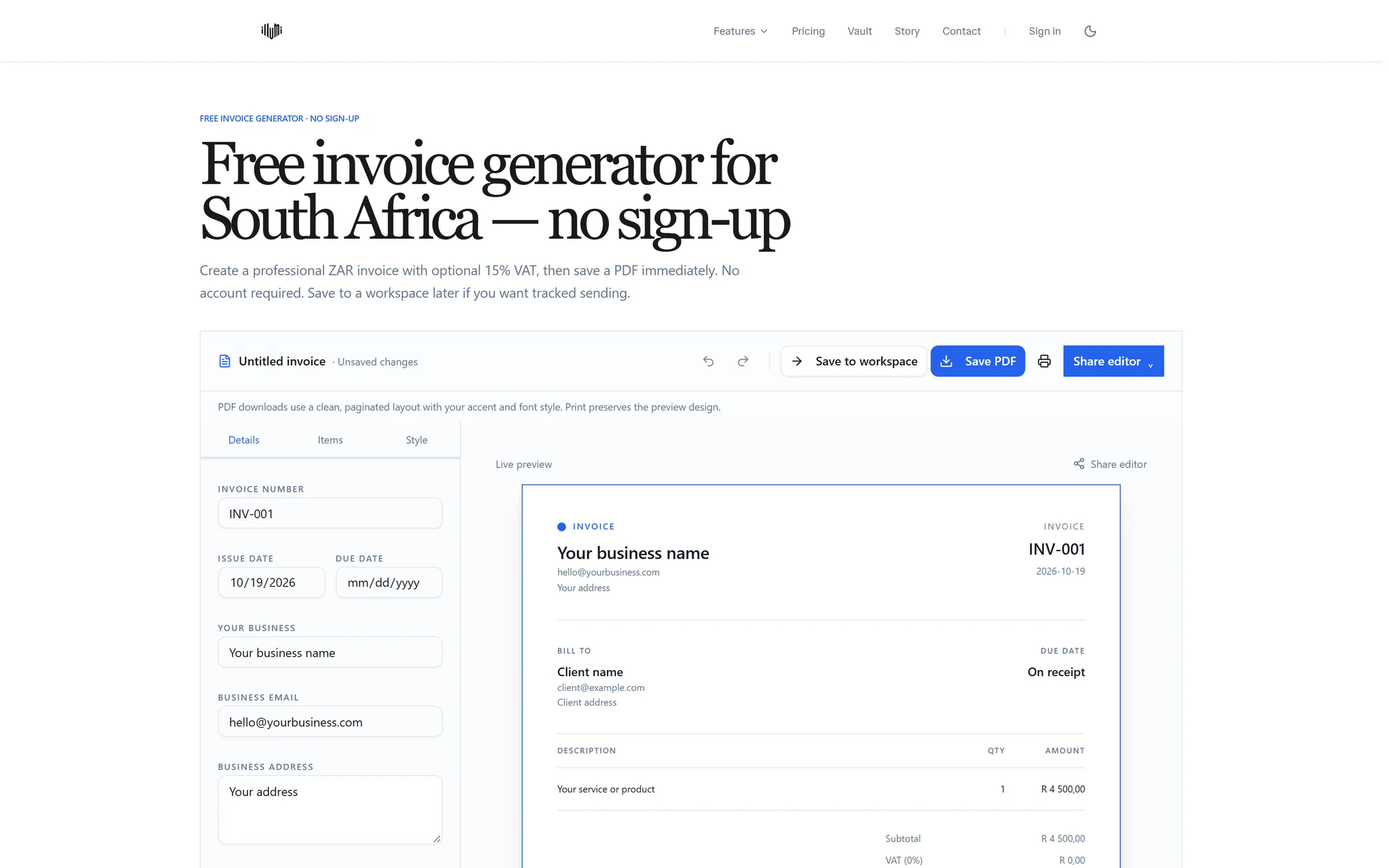 Live free invoice generator with editable invoice fields and preview