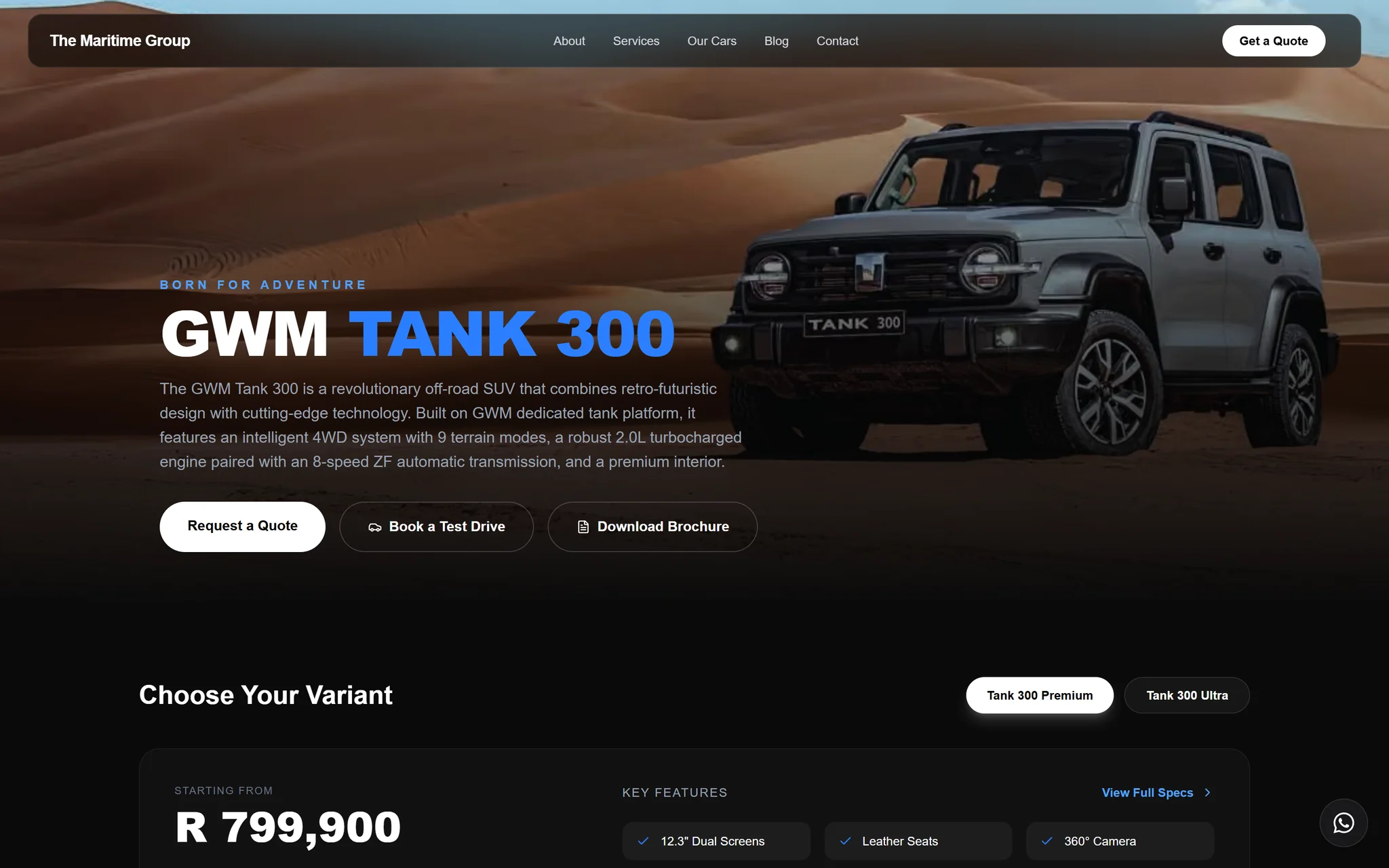 Live Tank 300 model page with vehicle photography and variant information
