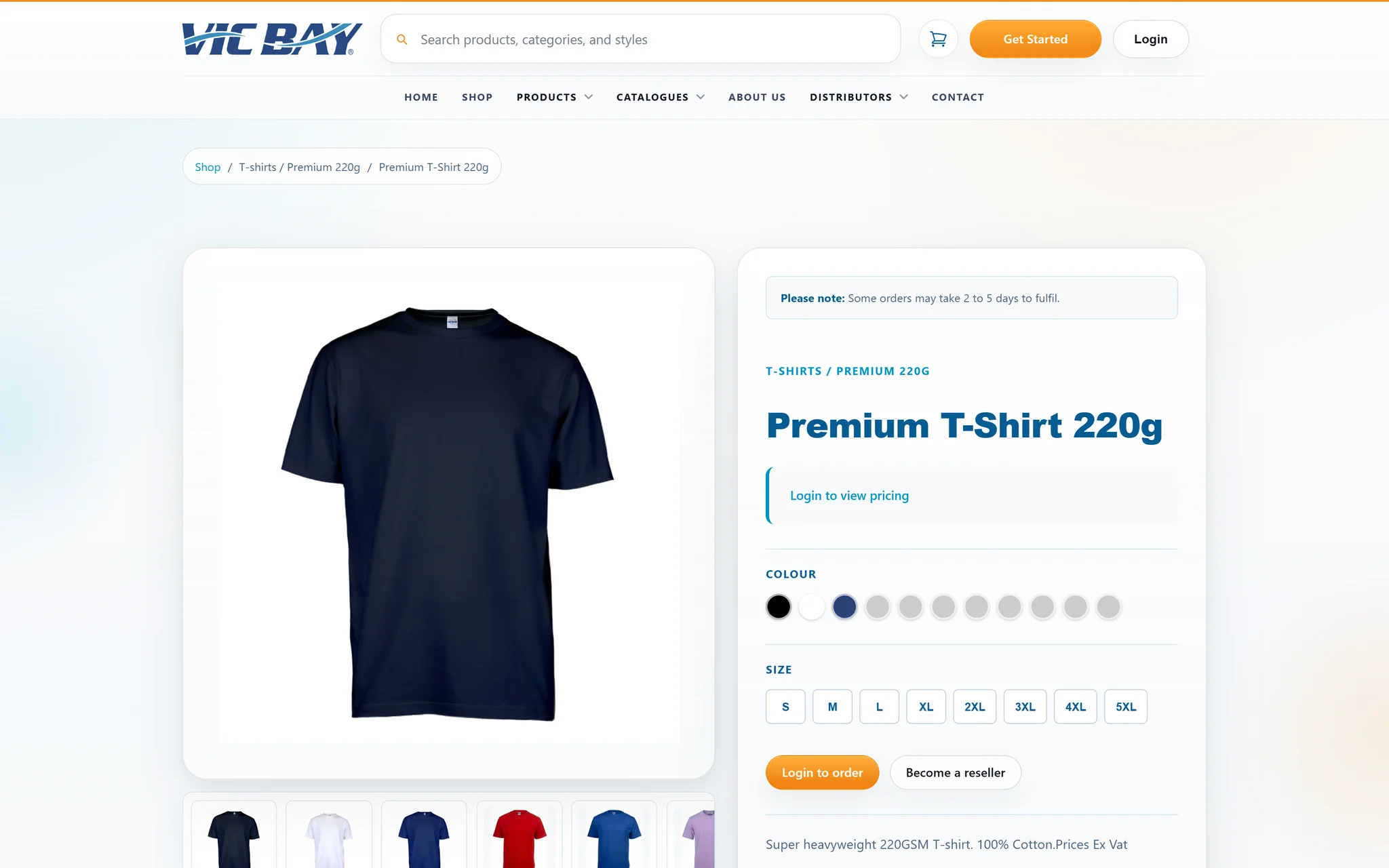 Live premium T-shirt product page with colour swatches and size choices