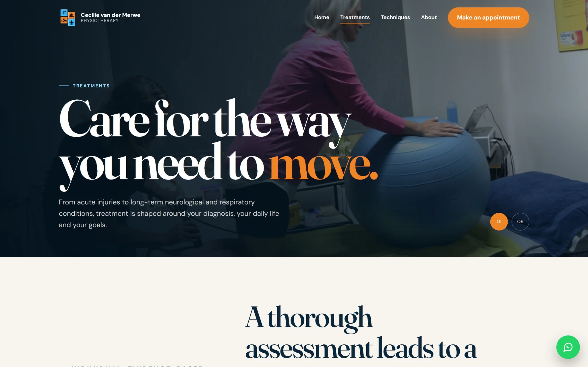 Live treatment page with exercise-ball photograph and treatment introduction