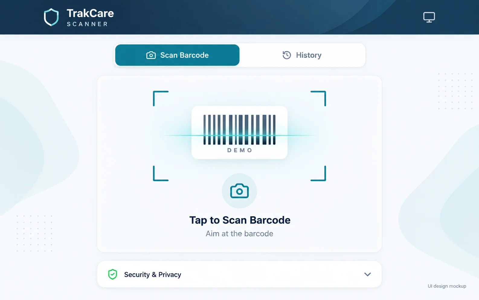 TrakCare Scanner UI design mockup: an enhanced visual treatment of the scanning screen. The underlying application is unchanged; no patient information is shown.