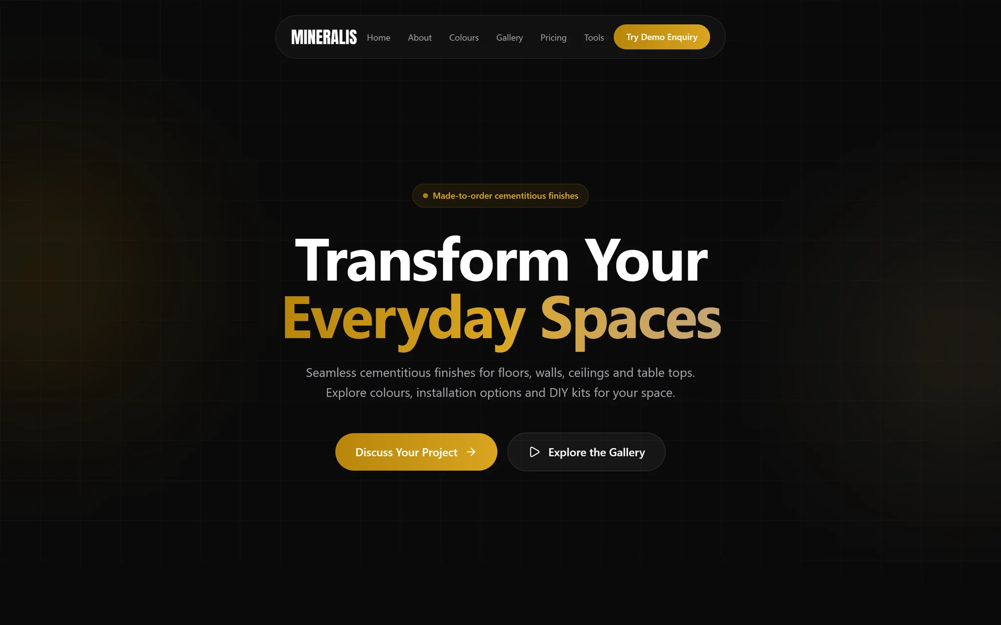 Published Mineralis independent concept homepage with decorative-finish introduction