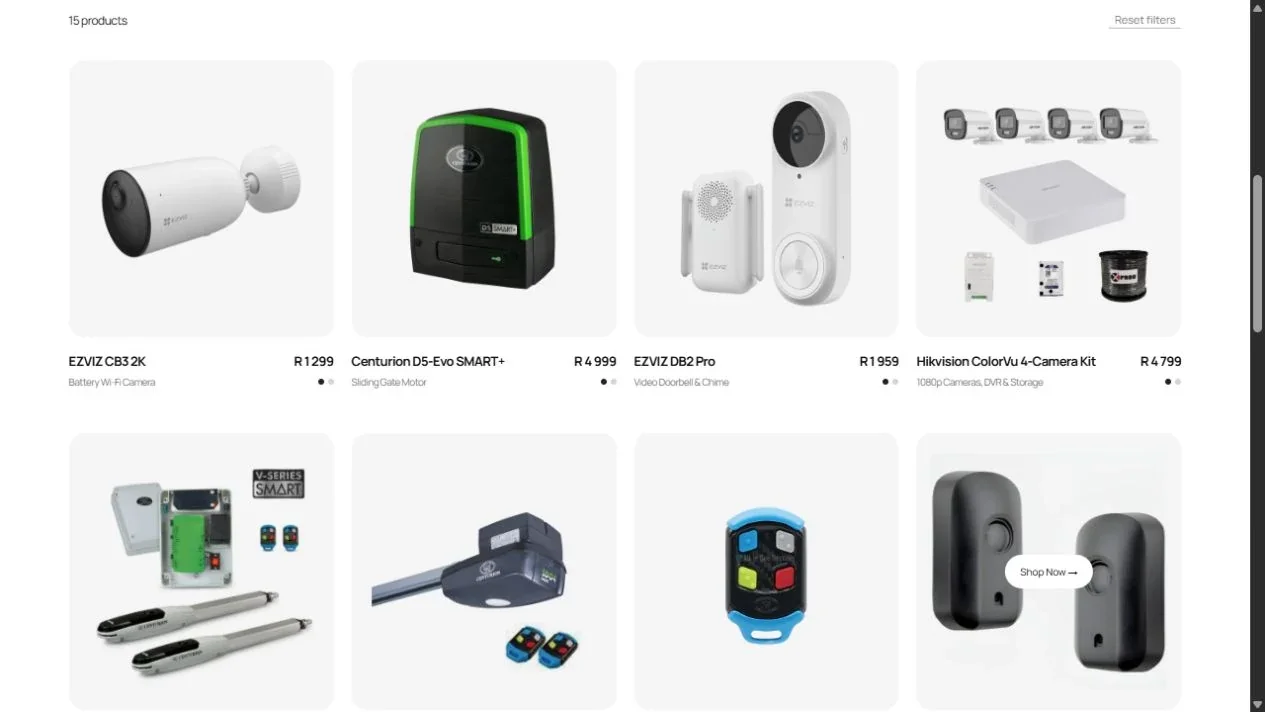 Featherbleu Store product catalogue showing cameras, access control and automation equipment