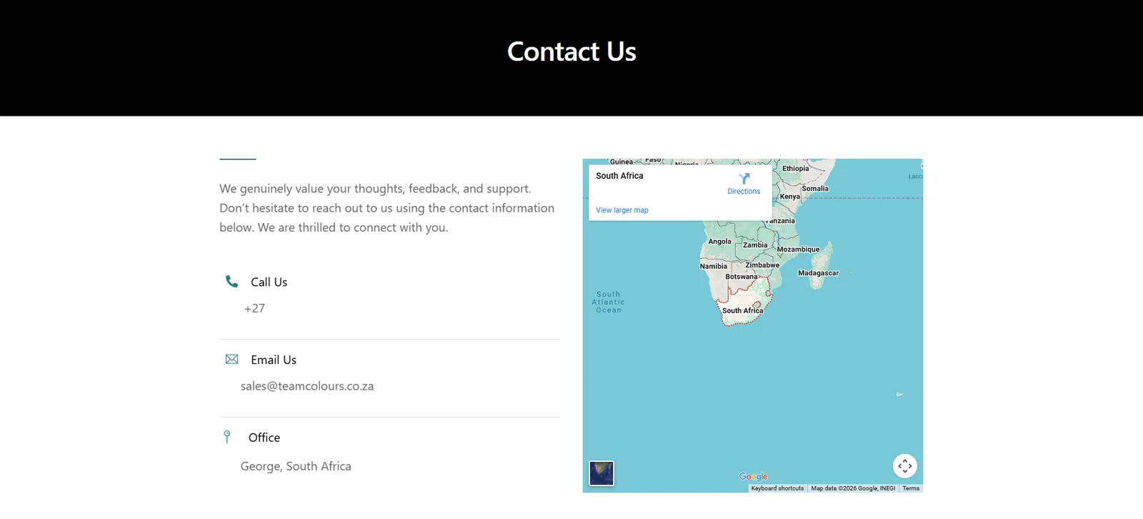 Team Colours contact page with business contact options and a South Africa location map