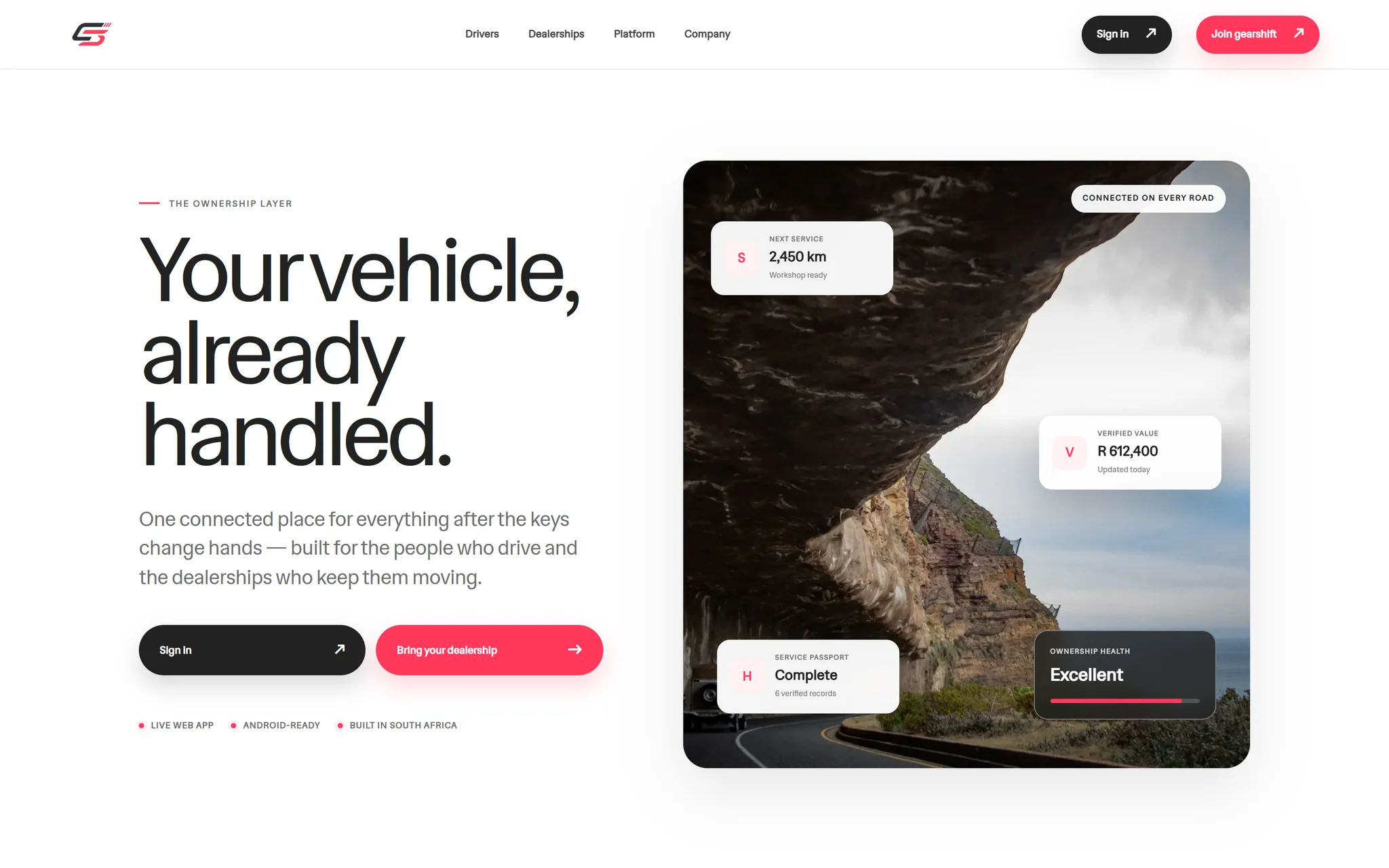 Live Gearshift homepage introducing connected vehicle ownership