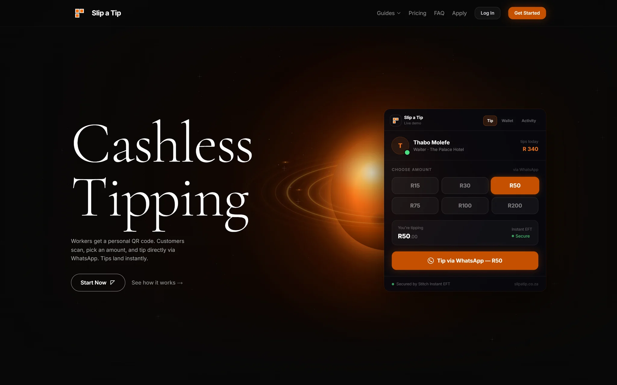 Local application homepage introducing QR tipping